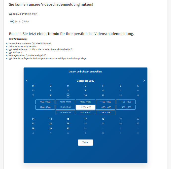 Termin für Videoschadenmeldung