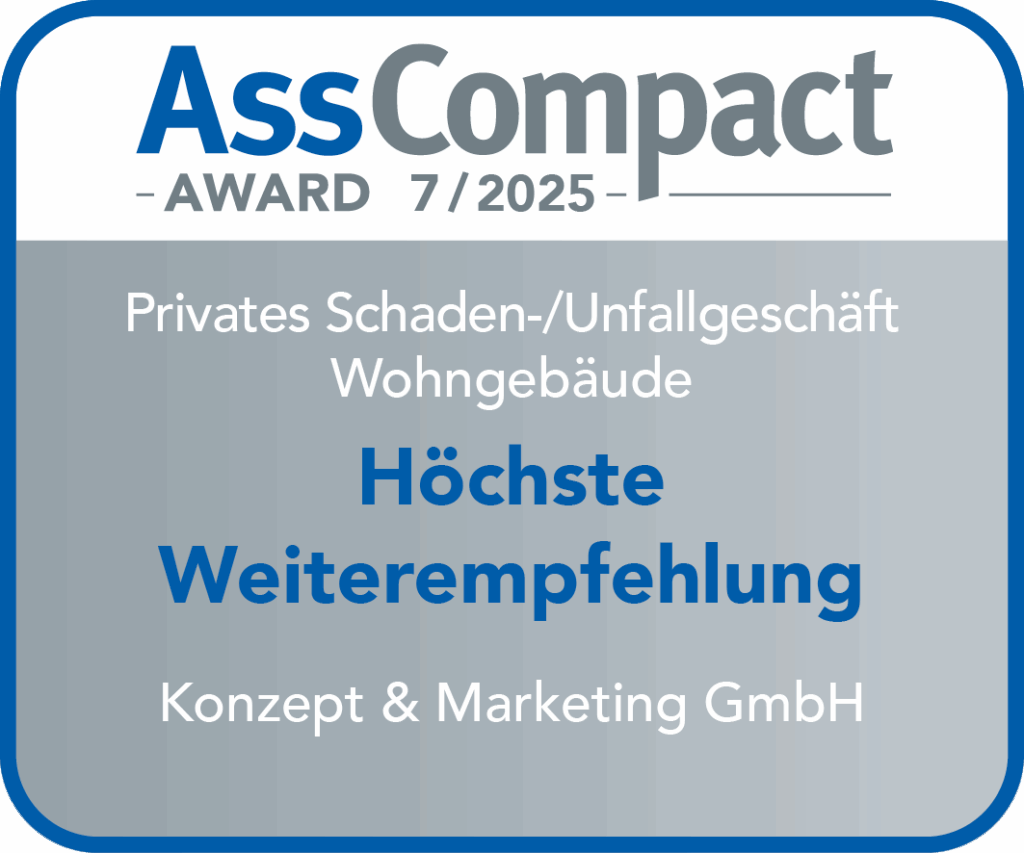 AssCompact Award 2025 für Privates Schaden-/Unfallgeschäft Wohngebäude – Höchste Weiterempfehlung für k+m
