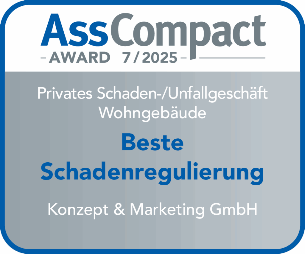 AssCompact Award Siegel 2025 – Auszeichnung für beste Schadenregulierung im privaten Schaden- und Unfallgeschäft Wohngebäude von k+m