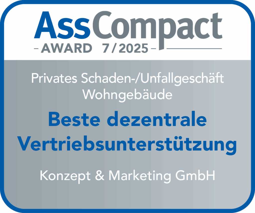 AssCompact Award 7/2025 für privates Schaden‑ und Unfallgeschäft Wohngebäude – beste dezentrale Vertriebsunterstützung durch k+m