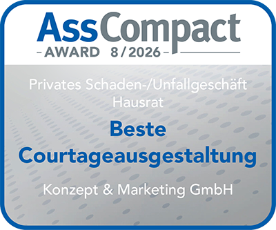 AssCompact Award 2026 – Beste Courtageausgestaltung Hausrat AssCompact Award 8/2026 für beste Courtageausgestaltung im privaten Schaden-/Unfallgeschäft Hausrat