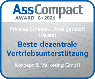 AssCompact Award 8/2026 – Beste dezentrale Vertriebsunterstützung im privaten Schaden-/Unfallgeschäft Hausrat AssCompact Award 8/2026 für Konzept und Marketing GmbH: Beste dezentrale Vertriebsunterstützung im privaten Schaden-/Unfallgeschäft Hausrat