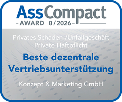 AssCompact Award 8/2026 – Beste dezentrale Vertriebsunterstützung im privaten Haftpflichtgeschäft AssCompact Award 8/2026 für das private Schaden-/Unfallgeschäft Private Haftpflicht: Konzept und Marketing GmbH erhält die Auszeichnung „Beste dezentrale Vertriebsunterstützung“