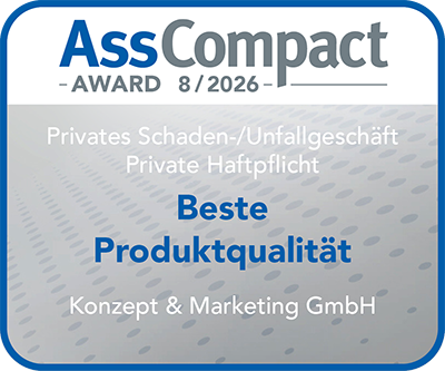 AssCompact Award 8/2026 – Beste Produktqualität Private Haftpflicht AssCompact Award 8/2026 für beste Produktqualität im privaten Haftpflichtgeschäft für Konzept und Marketing GmbH