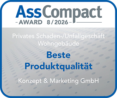 AssCompact Award 8/2026 – Beste Produktqualität im privaten Schaden-/Unfallgeschäft Wohngebäude AssCompact Award 8/2026 für beste Produktqualität im privaten Schaden-/Unfallgeschäft Wohngebäude
