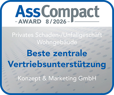 AssCompact Award 8/2026 – Beste zentrale Vertriebsunterstützung für Konzept und Marketing AssCompact Award 8/2026: Beste zentrale Vertriebsunterstützung im privaten Schaden-/Unfallgeschäft Wohngebäude für Konzept und Marketing GmbH