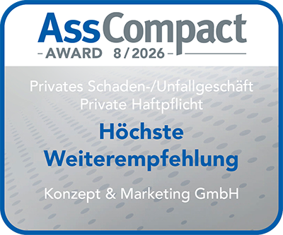 AssCompact Award 8/2026 – Höchste Weiterempfehlung im privaten Schaden-/Unfallgeschäft, Private Haftpflicht AssCompact Award 8/2026: Höchste Weiterempfehlung für Konzept und Marketing im Bereich Private Haftpflicht